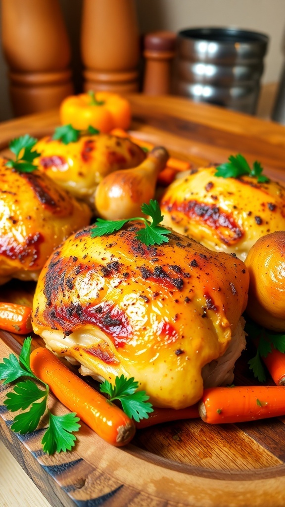 Oven-Baked Herb Chicken Recipe Oven-baked chicken thighs garnished with parsley, served with roasted vegetables on a wooden platter.